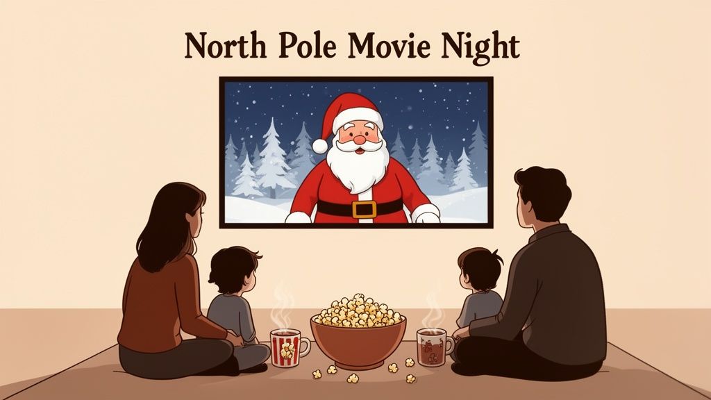 A family watches a movie about Santa Claus on a screen, enjoying popcorn and hot drinks.