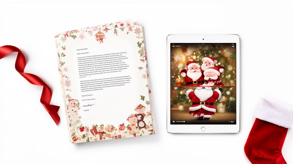 Festive flat lay with a Christmas letter, a red ribbon, a tablet displaying a Santa Claus video, and a red stocking.