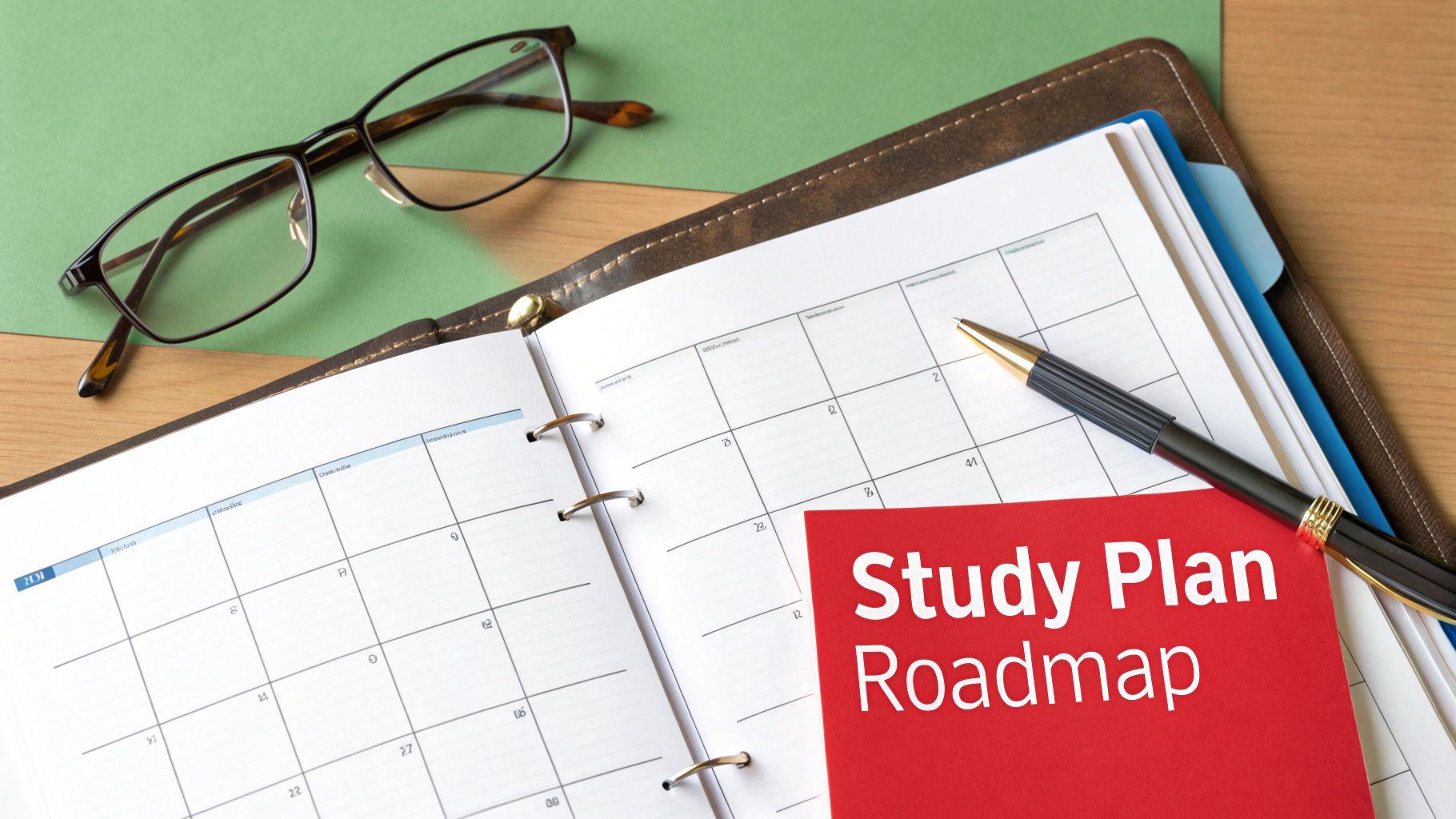 An open planner with a red "Study Plan Roadmap" note, glasses, and a pen on a wooden desk.