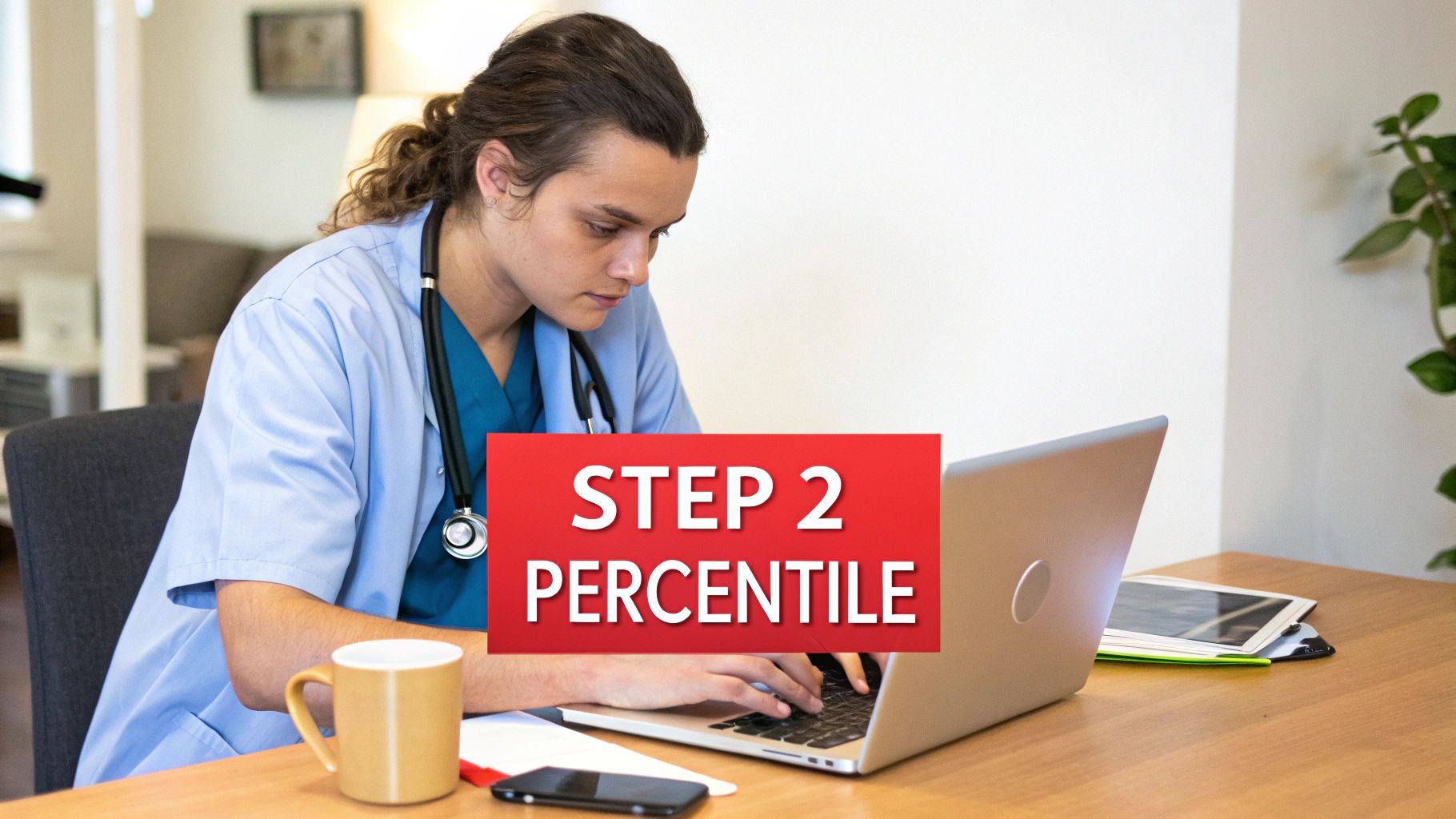 Medical student wearing scrubs and stethoscope, typing on a laptop with 'STEP 2 PERCENTILE' overlay.