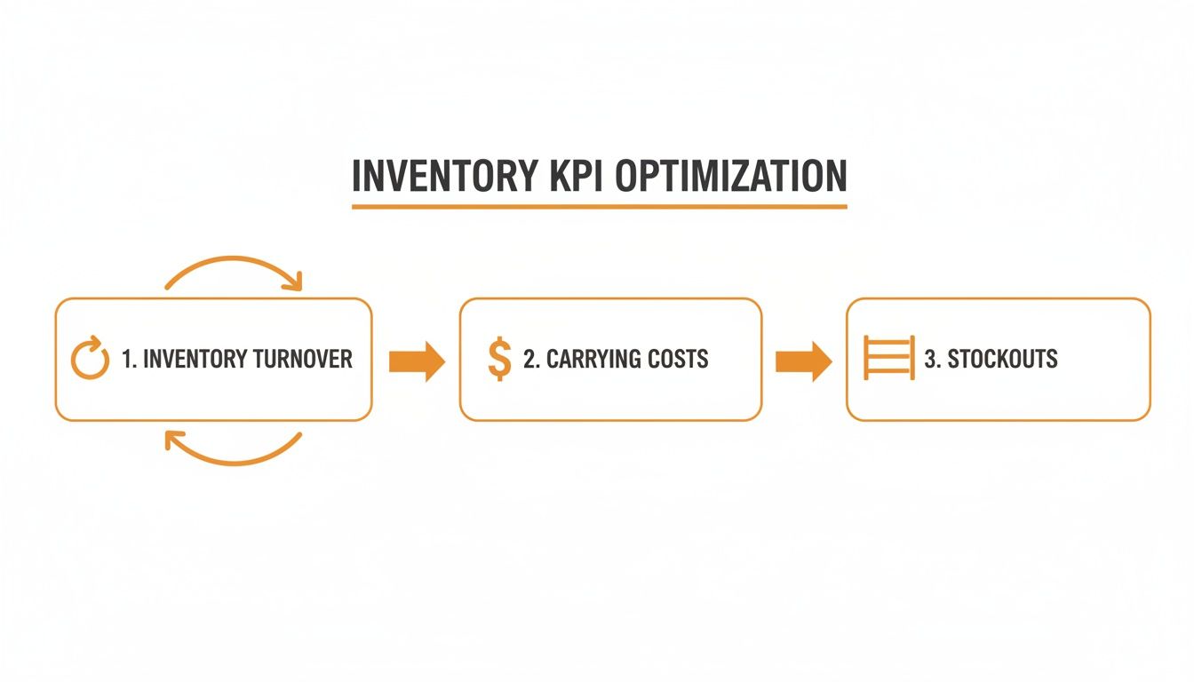 Flowchart illustrating inventory KPI optimization, detailing inventory turnover, carrying costs, and stockouts with icons.