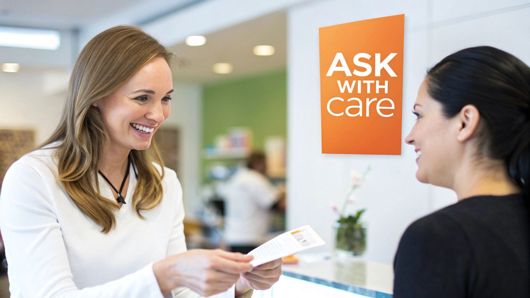 A med spa professional assisting a client with a tablet, likely asking for a successful treatment.
