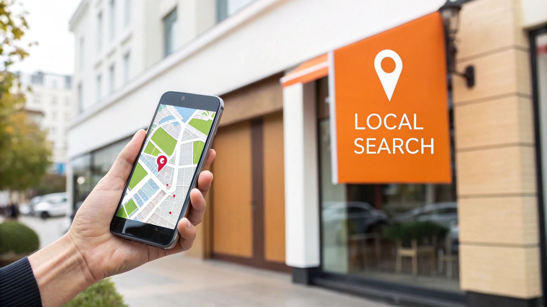 A hand holds a smartphone displaying a map with a red location pin, next to a 'LOCAL SEARCH' sign.