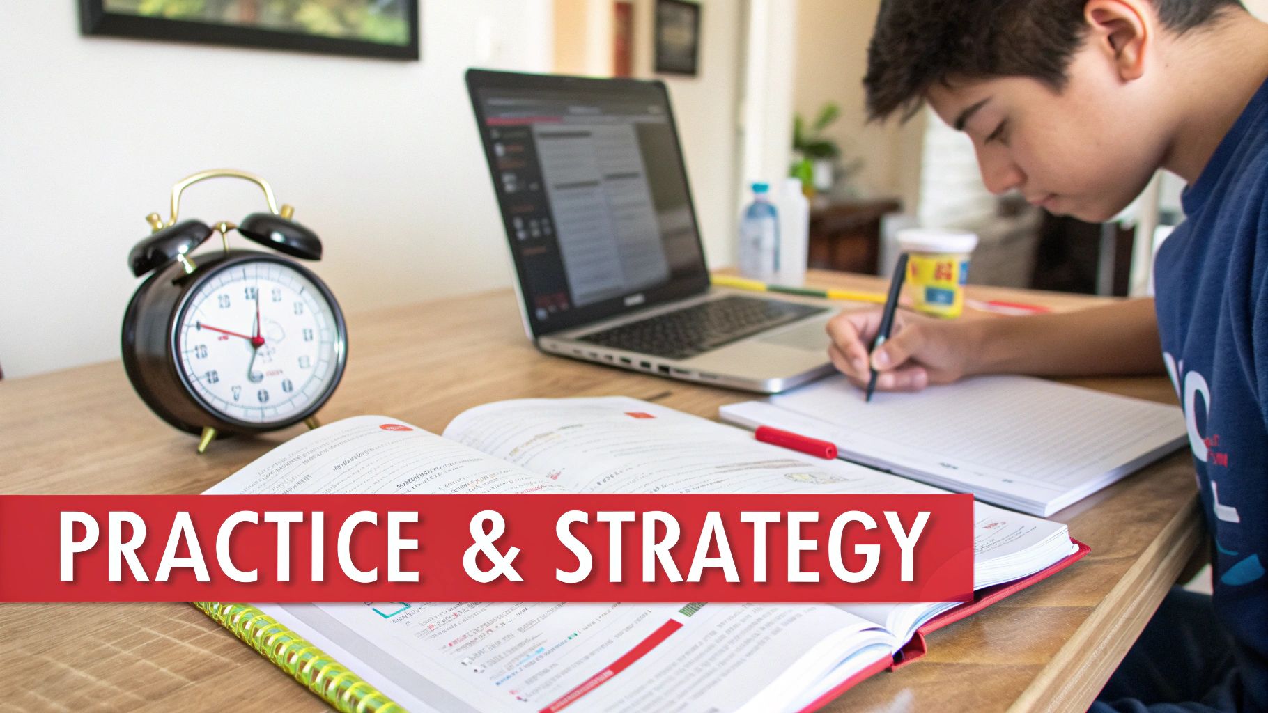 Student studying at desk with laptop, textbooks, alarm clock preparing for exam with practice strategy