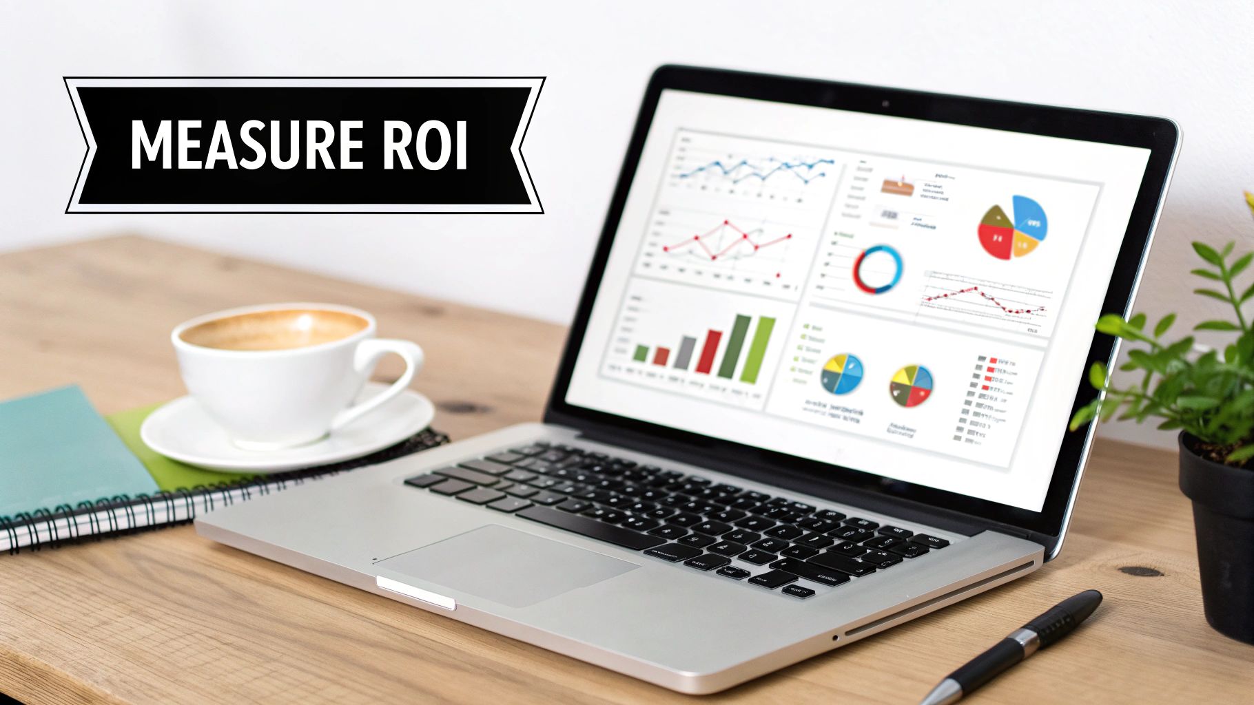 Laptop displaying business analytics charts and graphs on a desk with a coffee cup, banner reads 'MEASURE ROI'.
