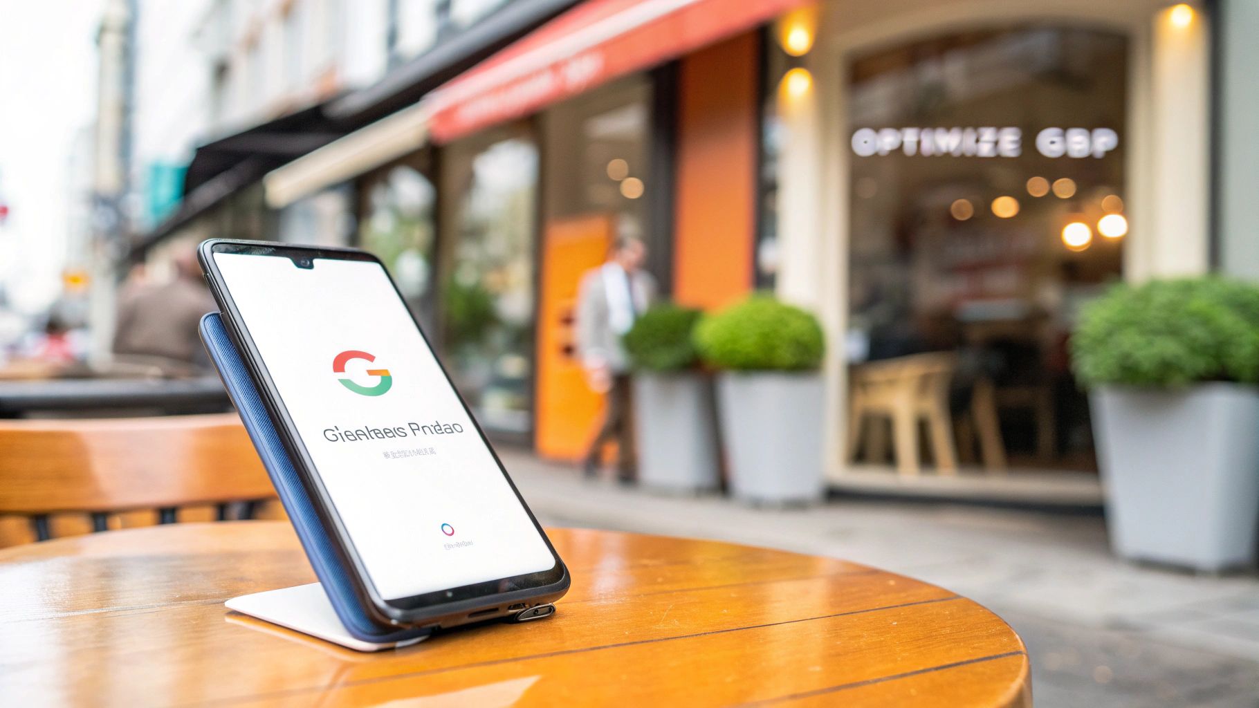A smartphone on a stand on a wooden table in front of a blurred street with "OPTIMIZE GBP" on a window.