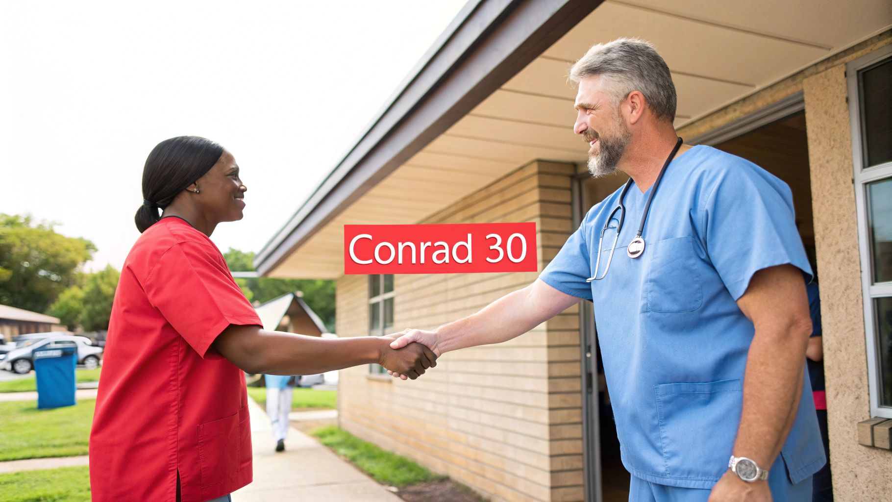 Two medical professionals in scrubs shaking hands outside a building with a 'Conrad 30' sign.