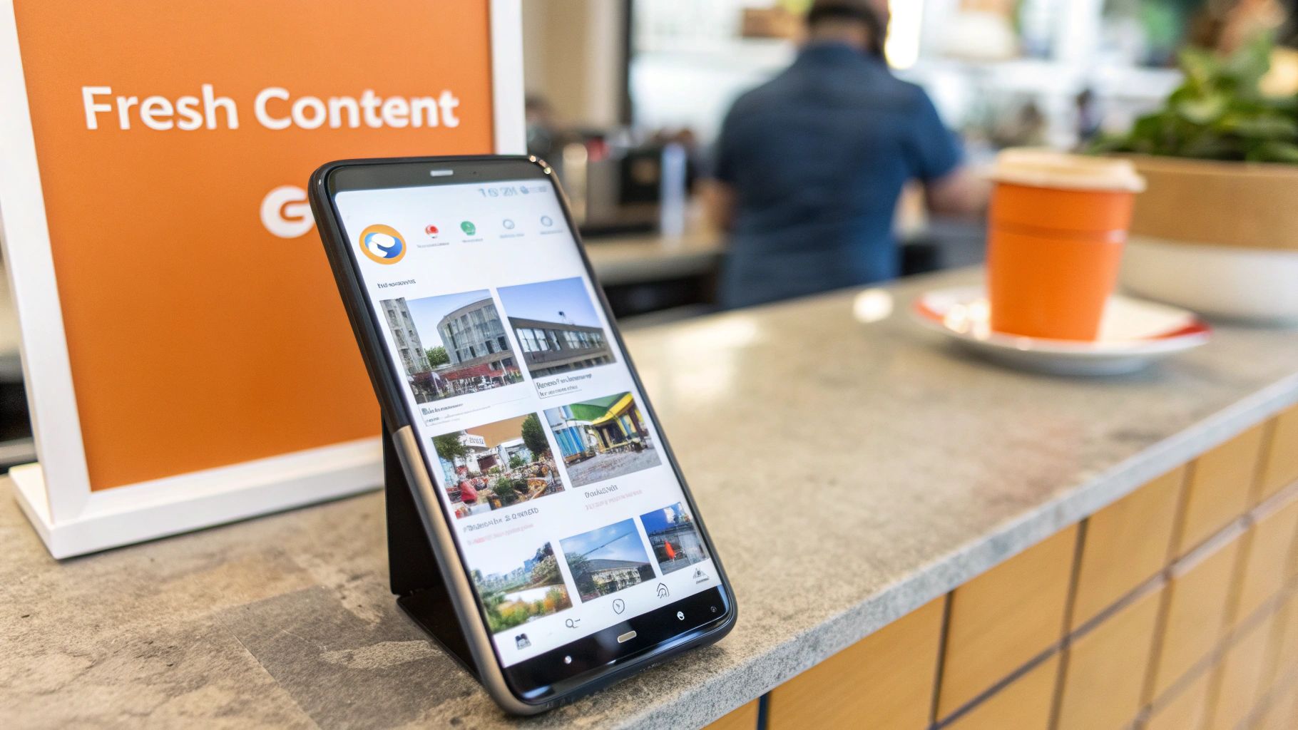 A smartphone on a counter displaying an app with various photos, next to an orange 'Fresh Content' sign.
