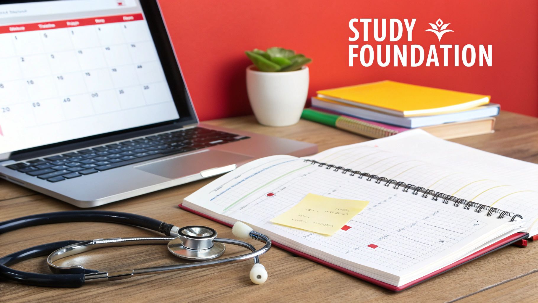 Medical study desk featuring a laptop with a calendar, open notebook, and stethoscope.