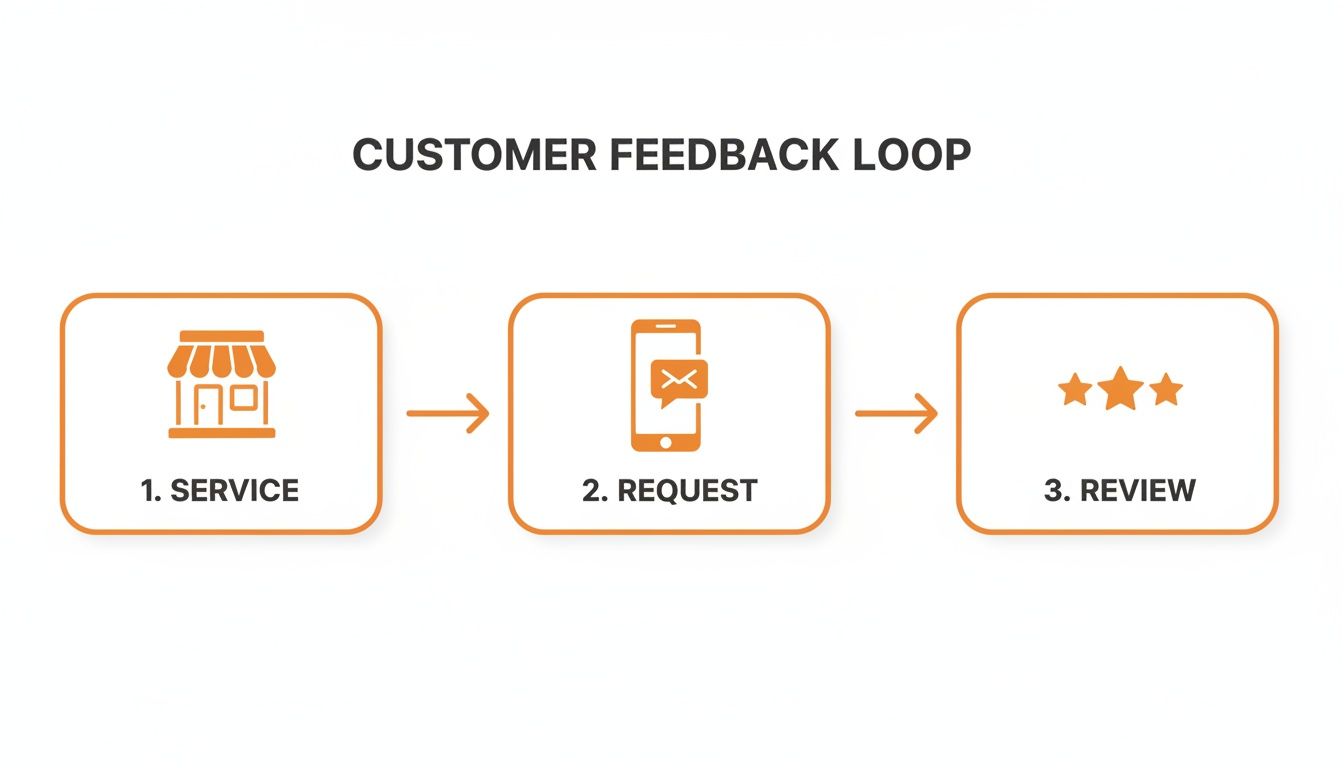 An orange icon diagram illustrating a customer feedback loop: service, request, and review.