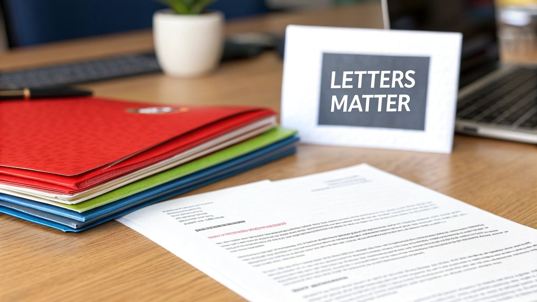 A stack of colorful folders, a document, and a 'LETTERS MATTER' sign on a wooden desk.