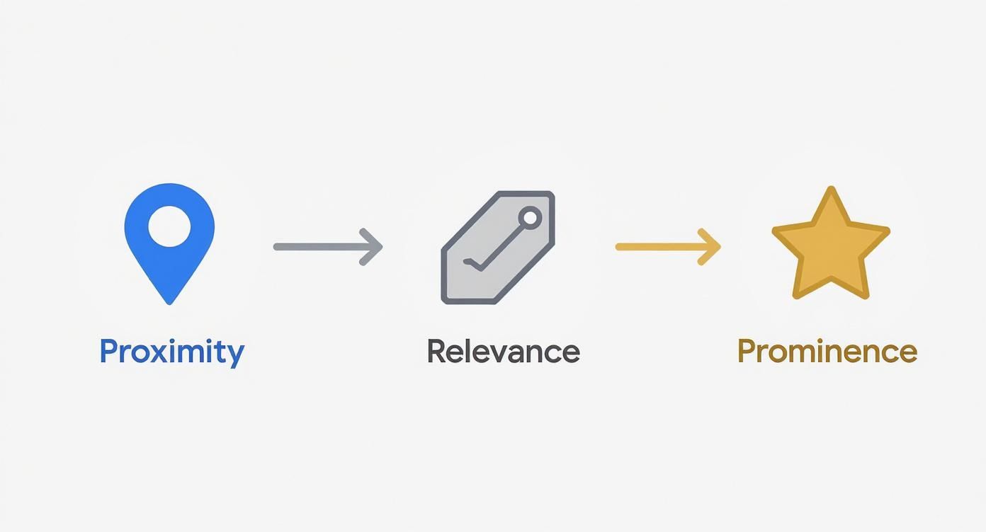 Infographic showing the Google ranking factors of Proximity, Relevance, and Prominence