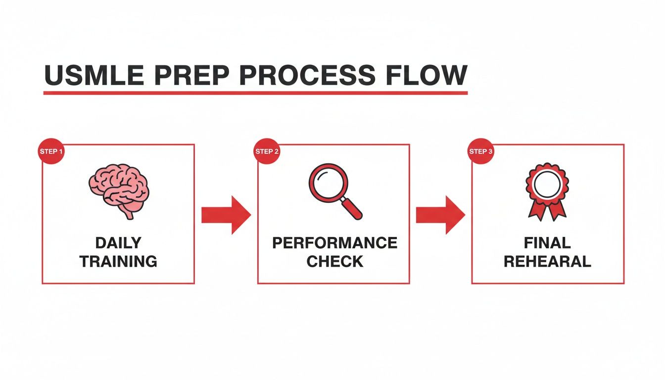 An infographic illustrating a three-step USMLE prep process flow: Daily Training, Performance Check, and Final Rehearsal.