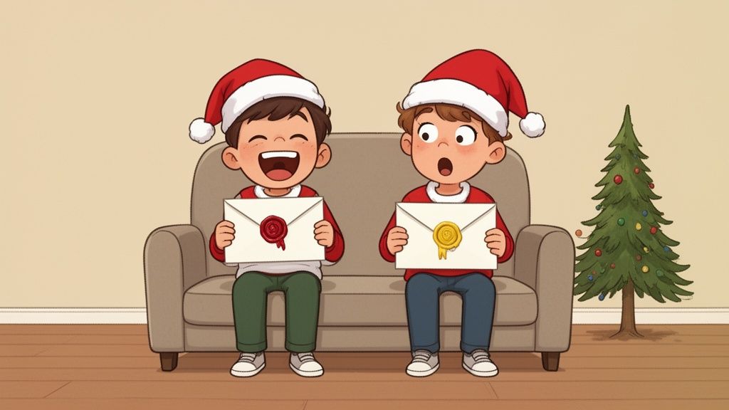 Two happy boys in Santa hats hold sealed letters, excited for Christmas on a couch.