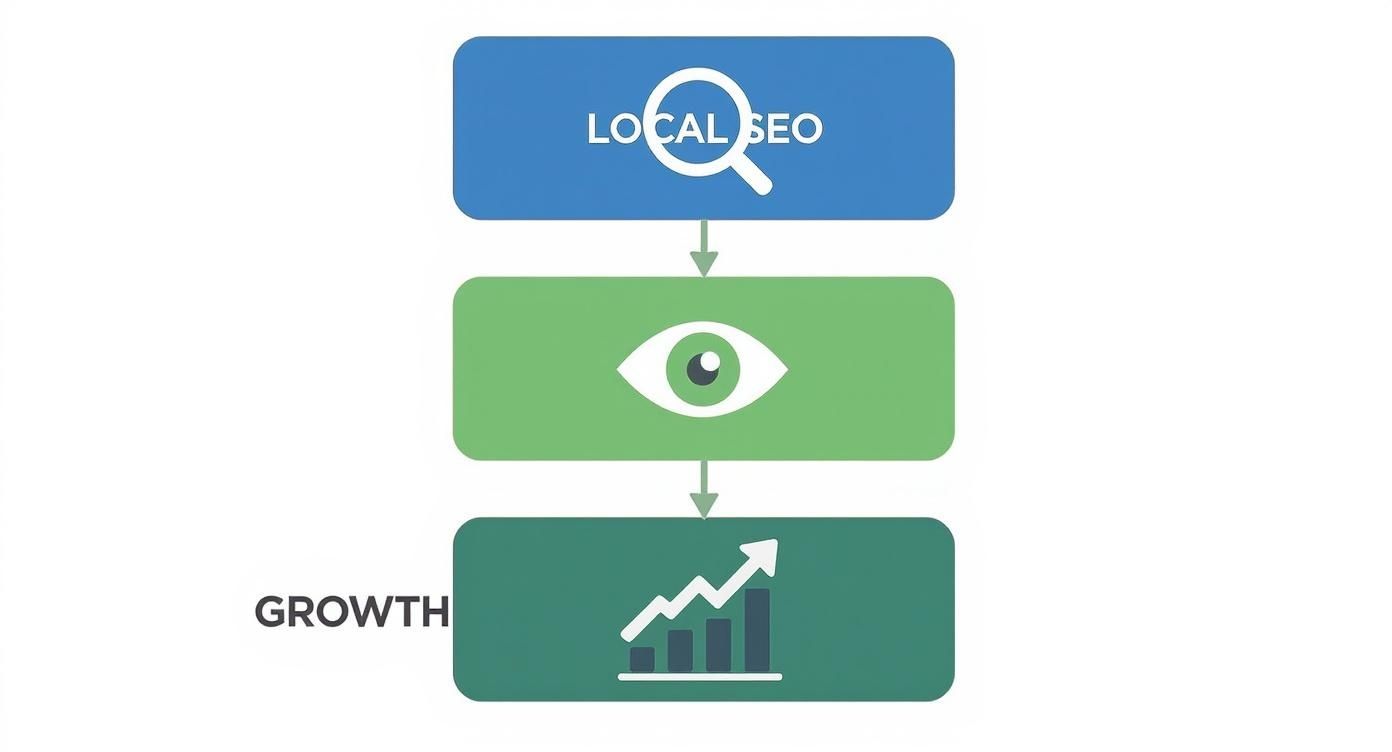 Flowchart illustrating the importance of local SEO for business visibility and significant growth.