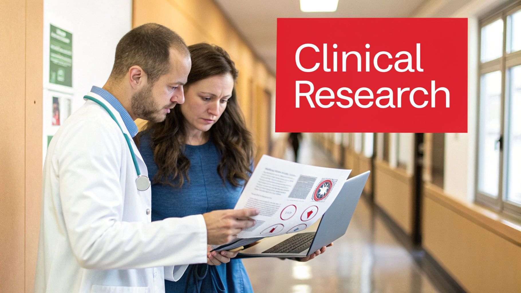 A doctor and a woman discuss clinical research data on papers and a laptop in a hospital hallway.