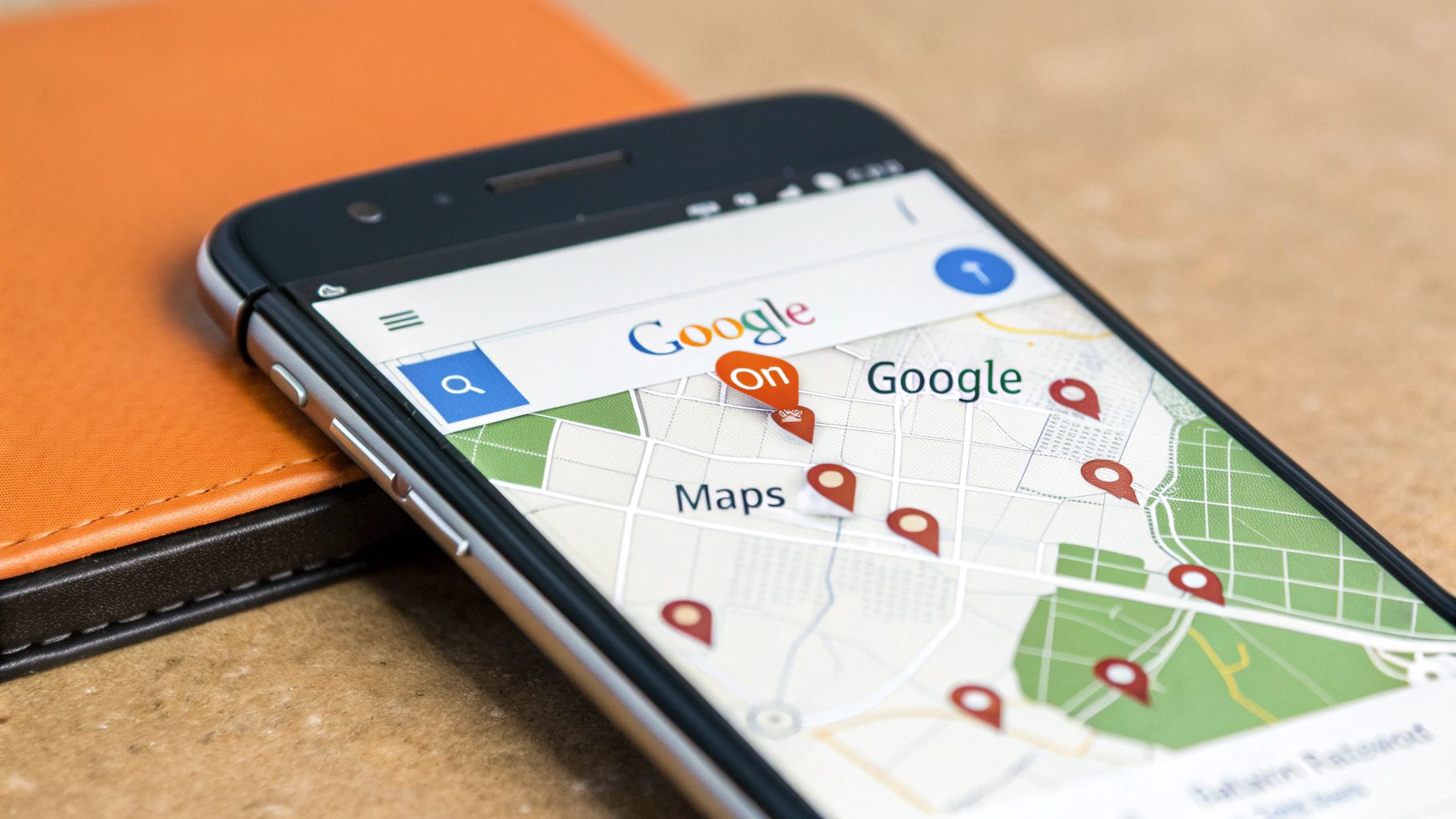 Close-up of a smartphone screen showing Google Maps with numerous red location pins.