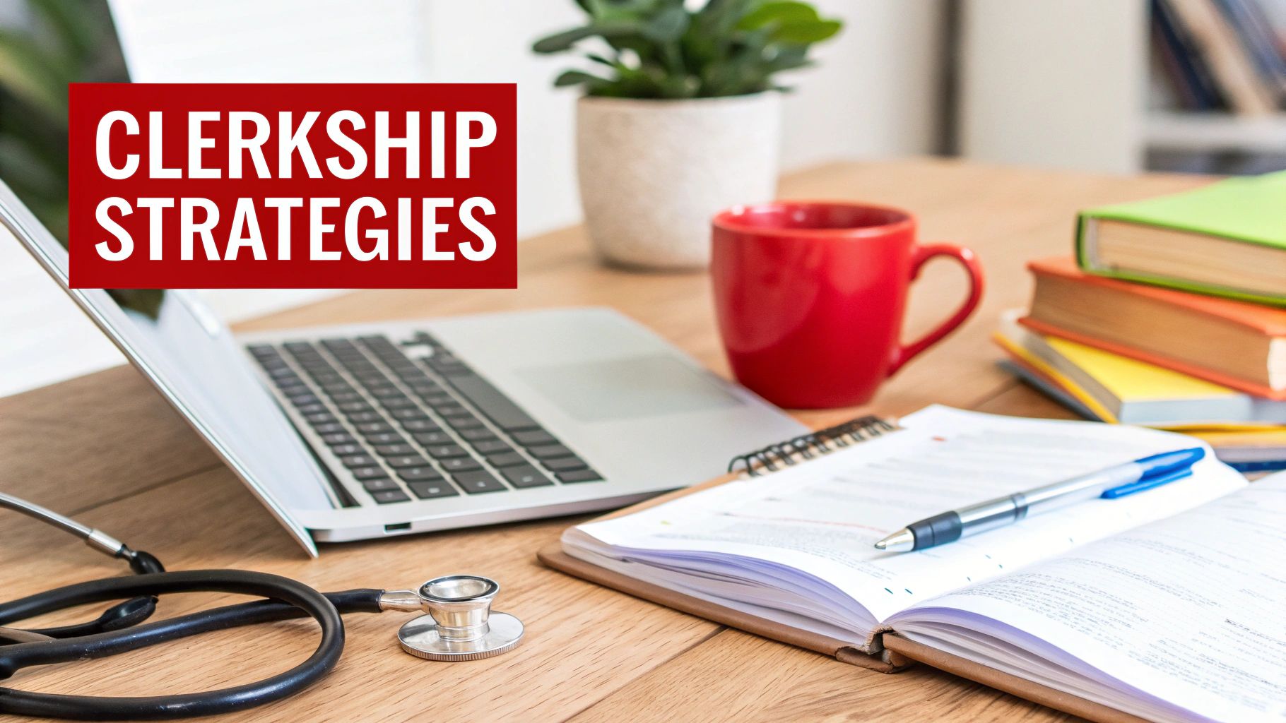 A study desk with a laptop, stethoscope, books, and a notebook, displaying 'CLERKSHIP STRATEGIES' text.