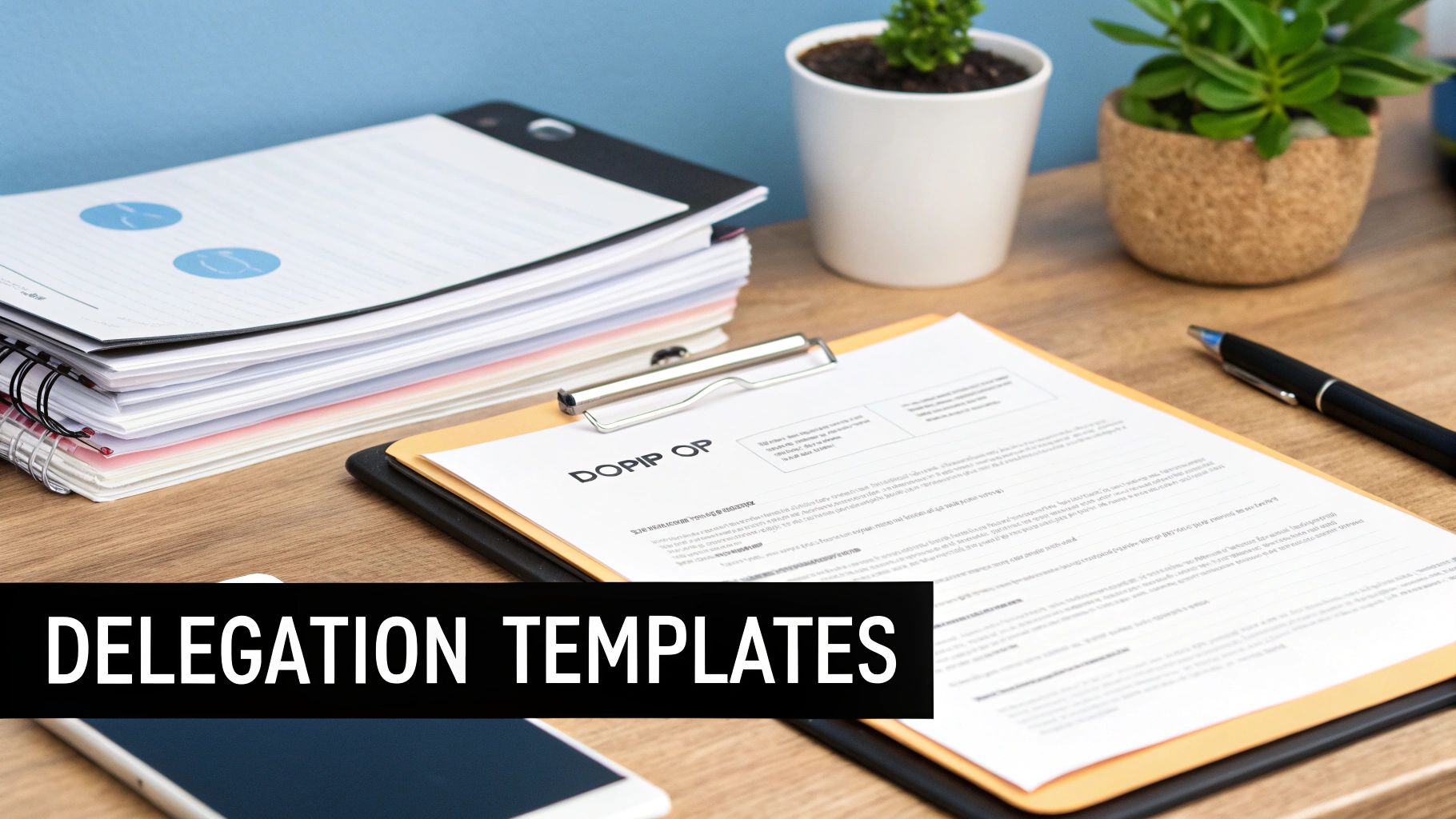 A professional desk setup with delegation templates, documents, pen, phone, and potted plants.