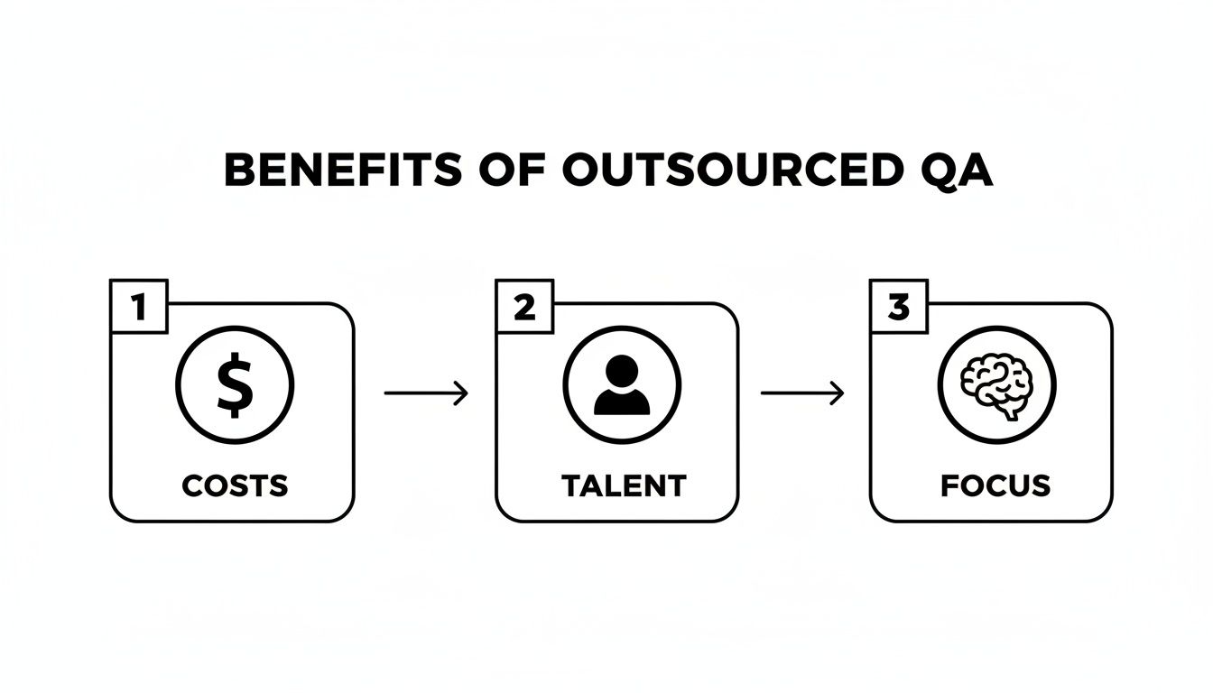 An infographic illustrating three key benefits of outsourced QA: reduced costs, access to talent, and improved focus.