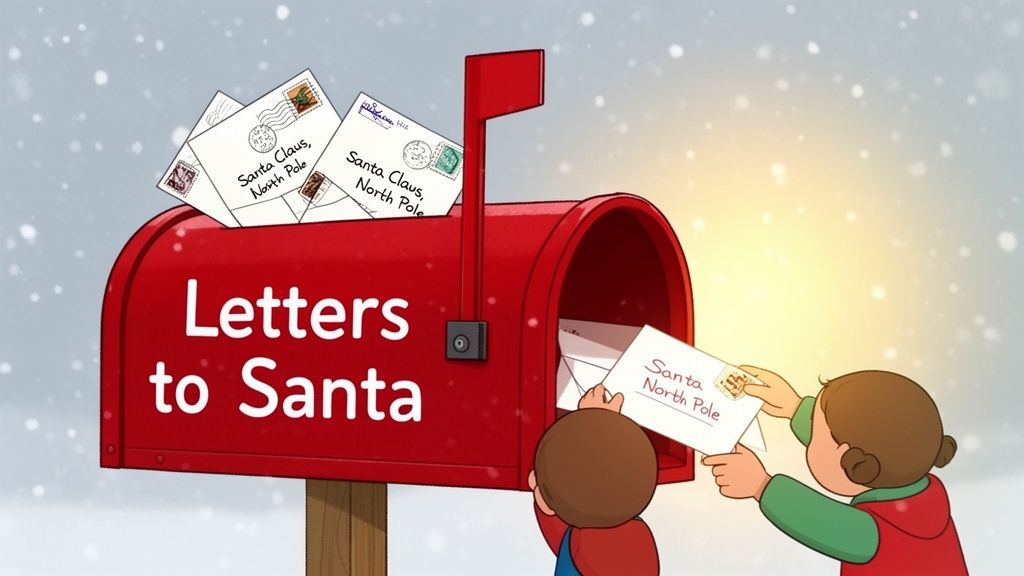 Two children mail letters to Santa Claus at the North Pole in a red mailbox on a snowy day.