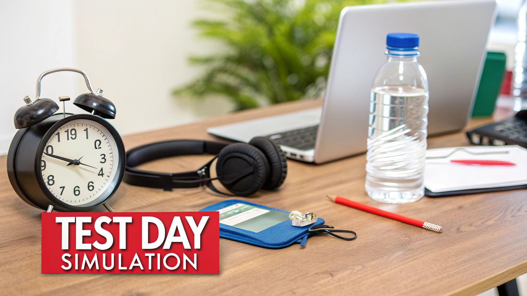A desk setup for a test day simulation, featuring an alarm clock, headphones, laptop, and water.