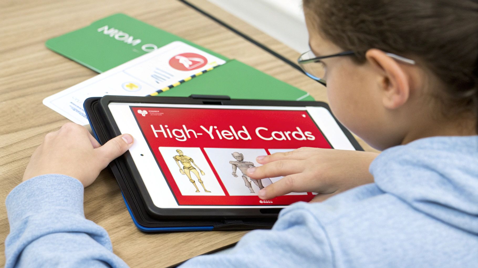 A child uses a tablet displaying 'High-Yield Cards' with robot illustrations for learning.