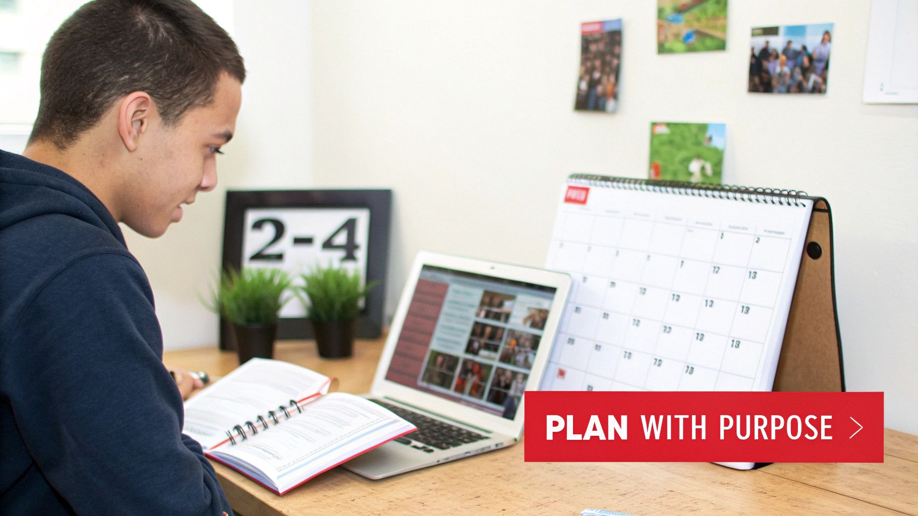 A young man focuses on his studies, planning with a laptop, notebook, and calendar.