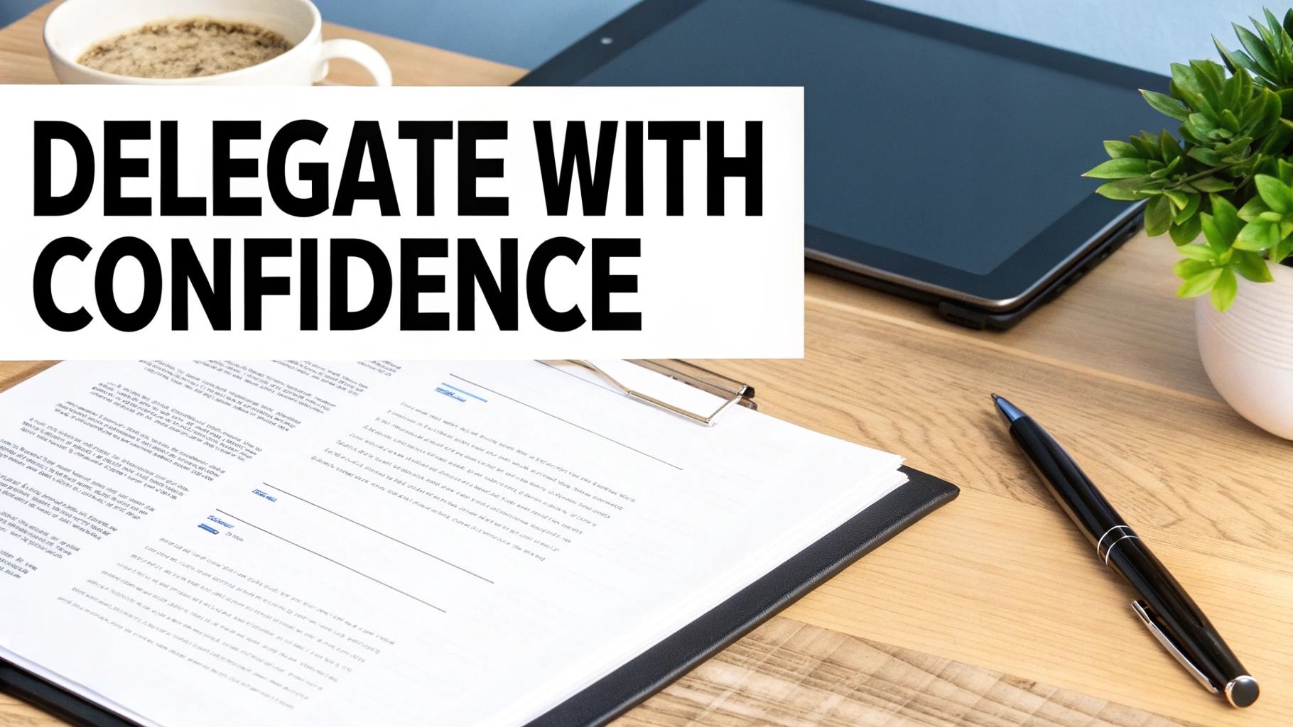 A wooden desk with a coffee cup, tablet, plant, clipboard, pen, and text 'DELEGATE WITH CONFIDENCE'.