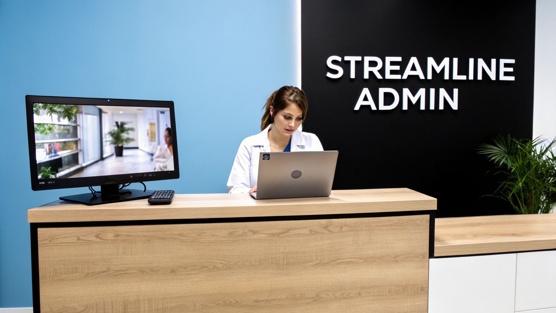 A woman in a white lab coat works on a laptop at a modern reception desk with a monitor.
