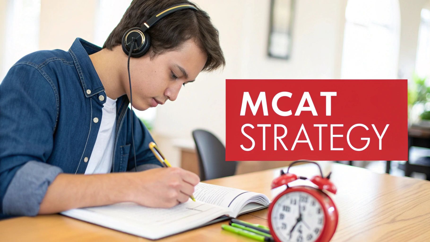 Young man wearing headphones diligently studies a textbook for the MCAT exam.