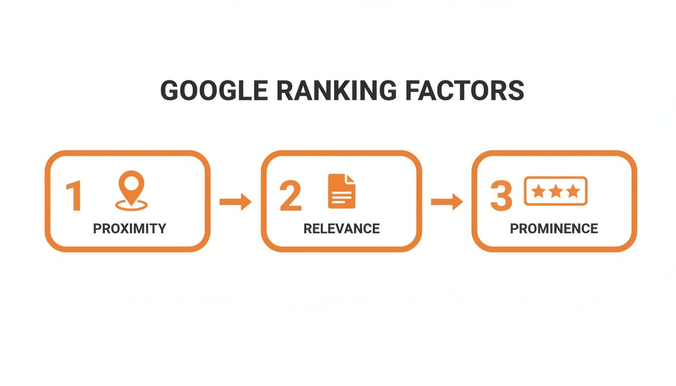 Image illustrating Google's local ranking factors: proximity, relevance, and prominence, with respective icons.