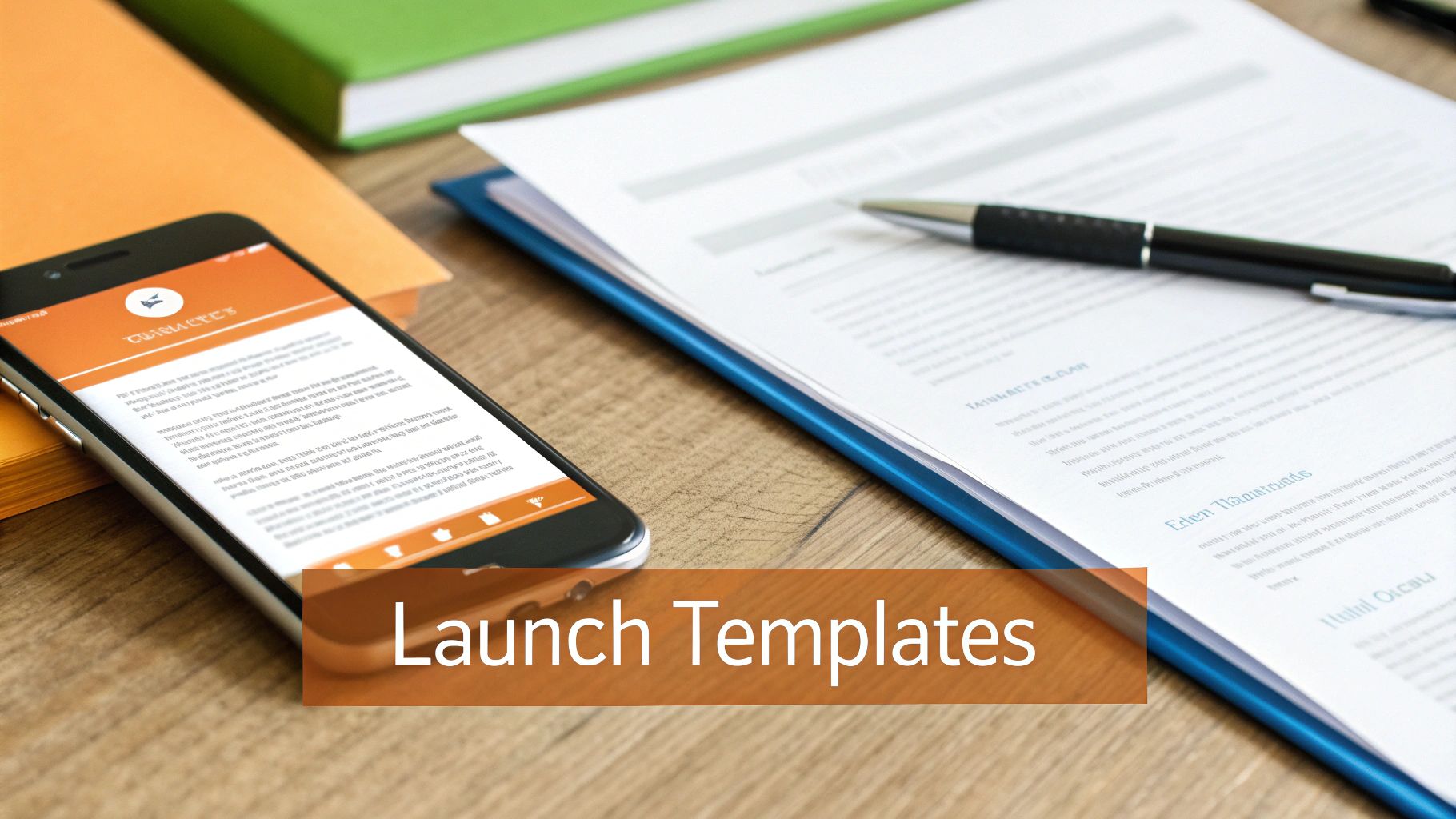 A smartphone displaying an orange app, documents, a pen, and folders on a wooden desk.