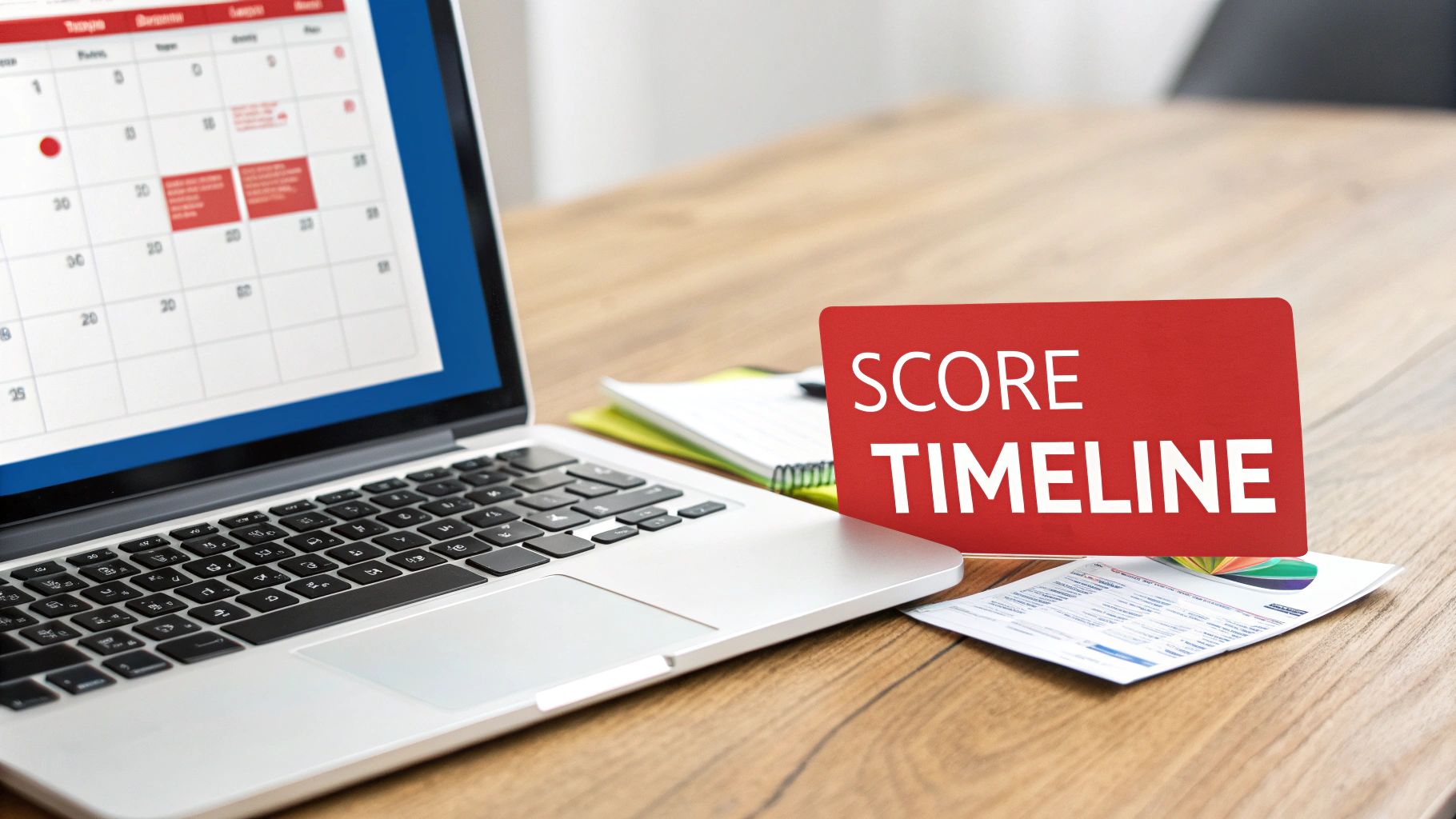 Laptop displaying a calendar, a red 'SCORE TIMELINE' card, and documents on a wooden desk.