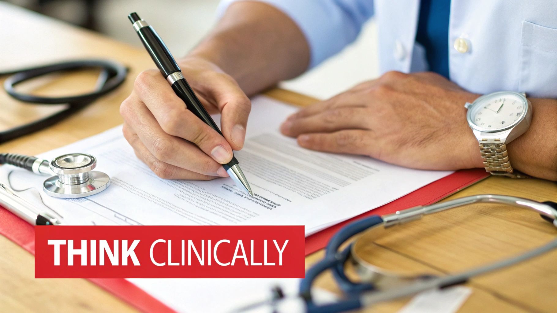A doctor in a white coat writes on a medical form, with a stethoscope and watch on a desk, thinking clinically.
