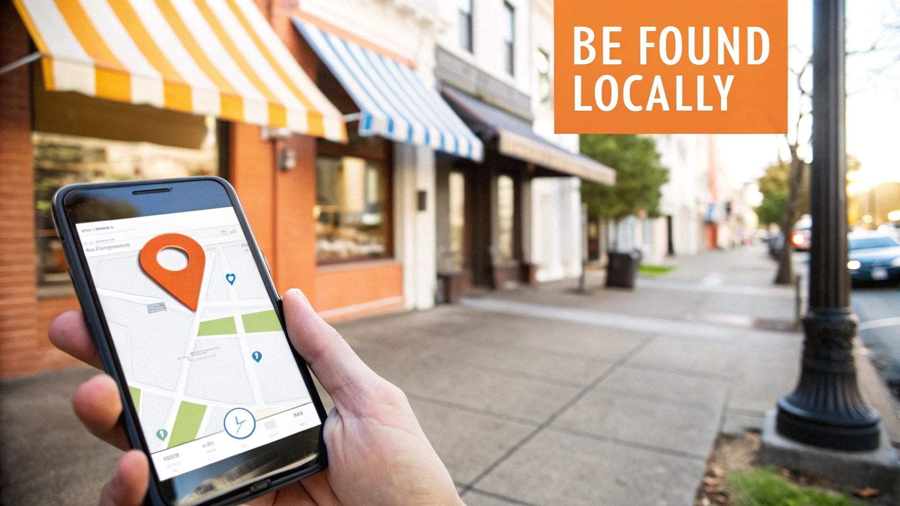 A hand holds a smartphone displaying a map with a location pin, emphasizing 'Be Found Locally' for businesses.