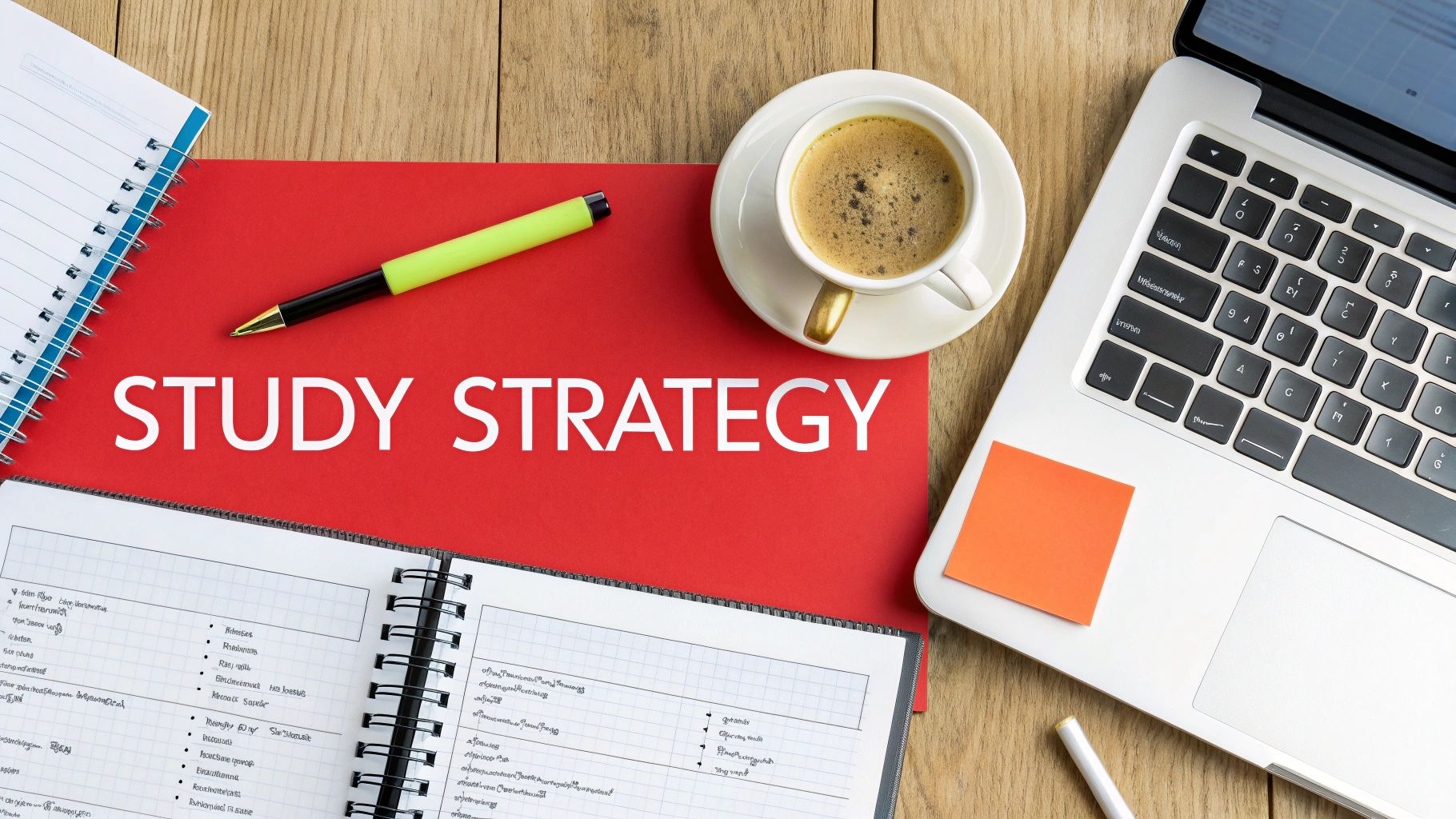 Top-down view of a study desk with a red folder labeled 'STUDY STRATEGY', a laptop, coffee, and notebooks.