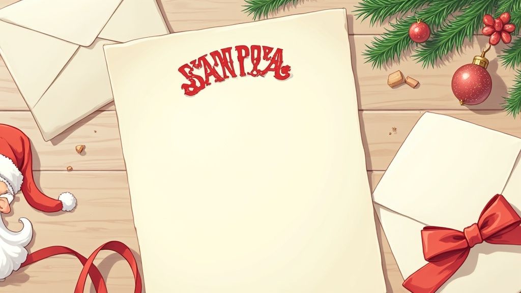 A blank letter addressed to Santa with Christmas decorations like pine branches and ornaments.
