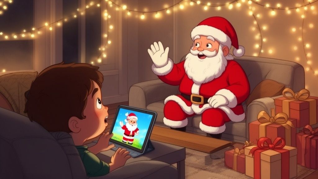 A boy watches Santa Claus on a tablet, while Santa waves nearby amidst Christmas lights and gifts.