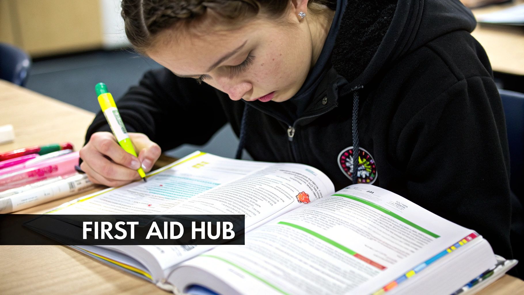A copy of First Aid for the USMLE Step 1 is open on a desk, heavily annotated with colored highlighters, sticky notes, and handwritten notes in the margins, surrounded by a stethoscope and a tablet showing a Qbank question.