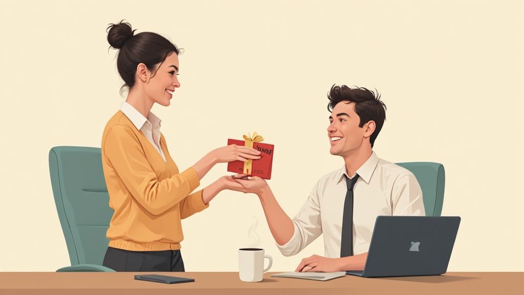 A smiling woman in an office gives a red gift box with a gold ribbon to a man.
