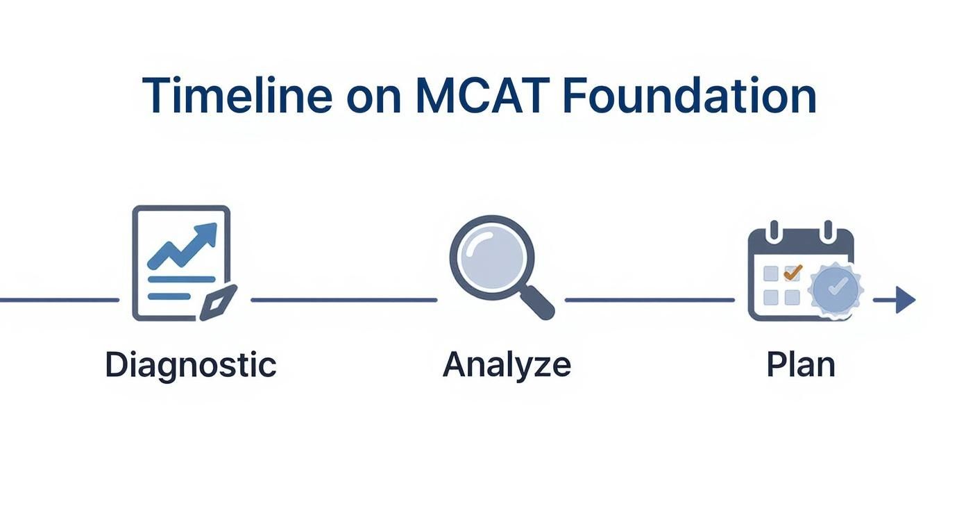 Three-step MCAT foundation timeline showing diagnostic assessment, analysis, and planning phases with icons