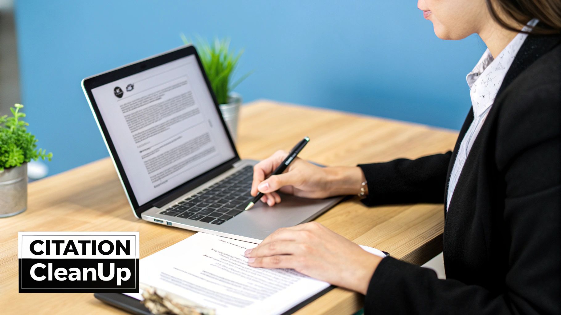 A person at a desk meticulously organizing business information and updating online directories.