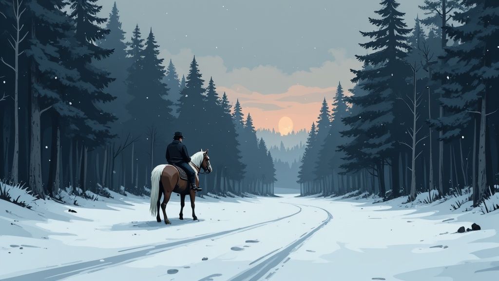 Lone horseback rider travels through snowy forest path at winter dusk with evergreen trees