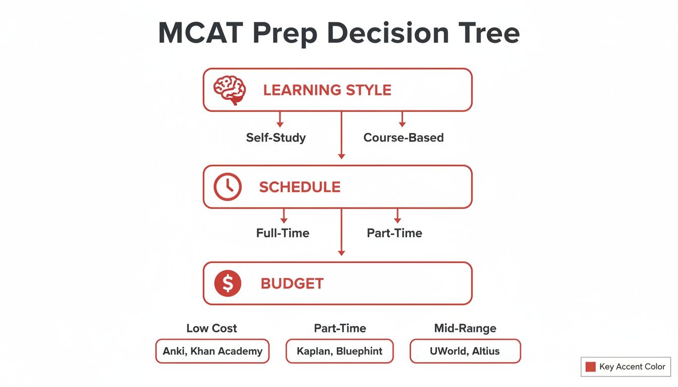 MCAT prep decision tree showing choices for learning style, schedule, budget, and corresponding study resources.