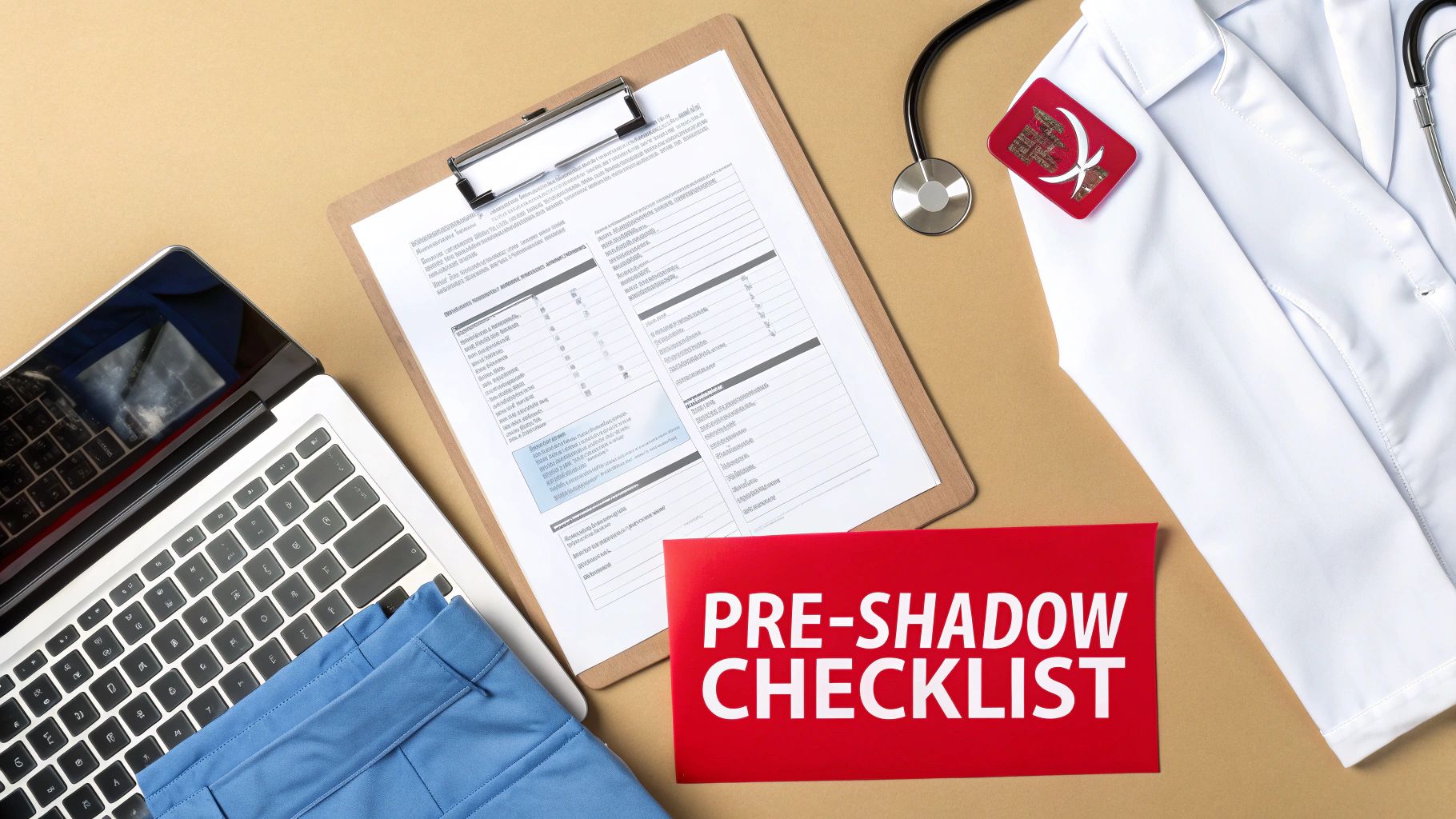 Flat lay of a pre-shadow checklist, medical scrubs, lab coat, stethoscope, laptop, and clipboard on a beige background.