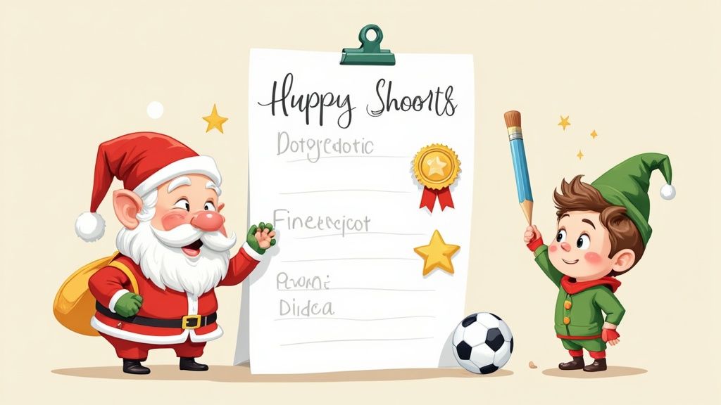 An illustration of a checklist with items like child's name, hobbies, and achievements for a personalized Santa video message.