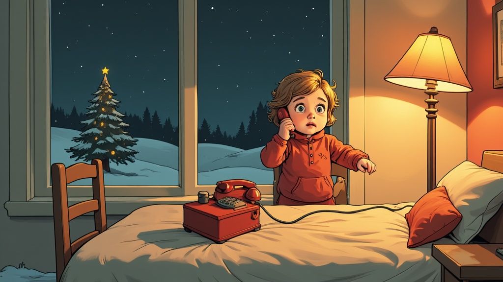 A surprised child in a cozy room calls on a red rotary phone, with a snowy Christmas tree outside the window at night.