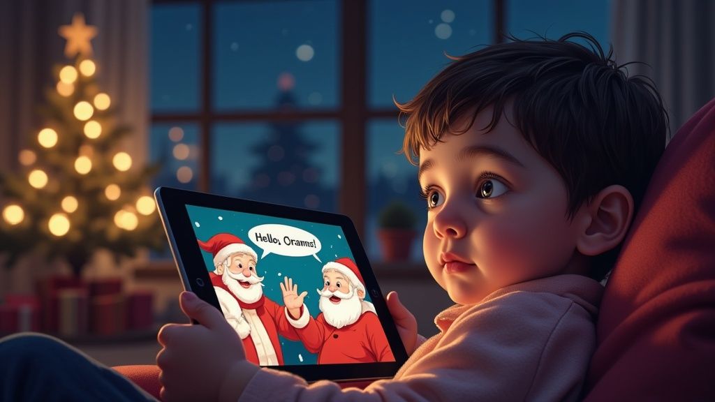 A young child watches a video call with two Santas on a tablet, with a Christmas tree in the background.