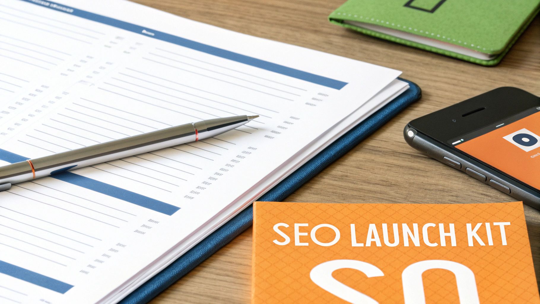 A professional flat lay of a desk with an 'SEO Launch Kit' book, documents, a pen, and a smartphone.